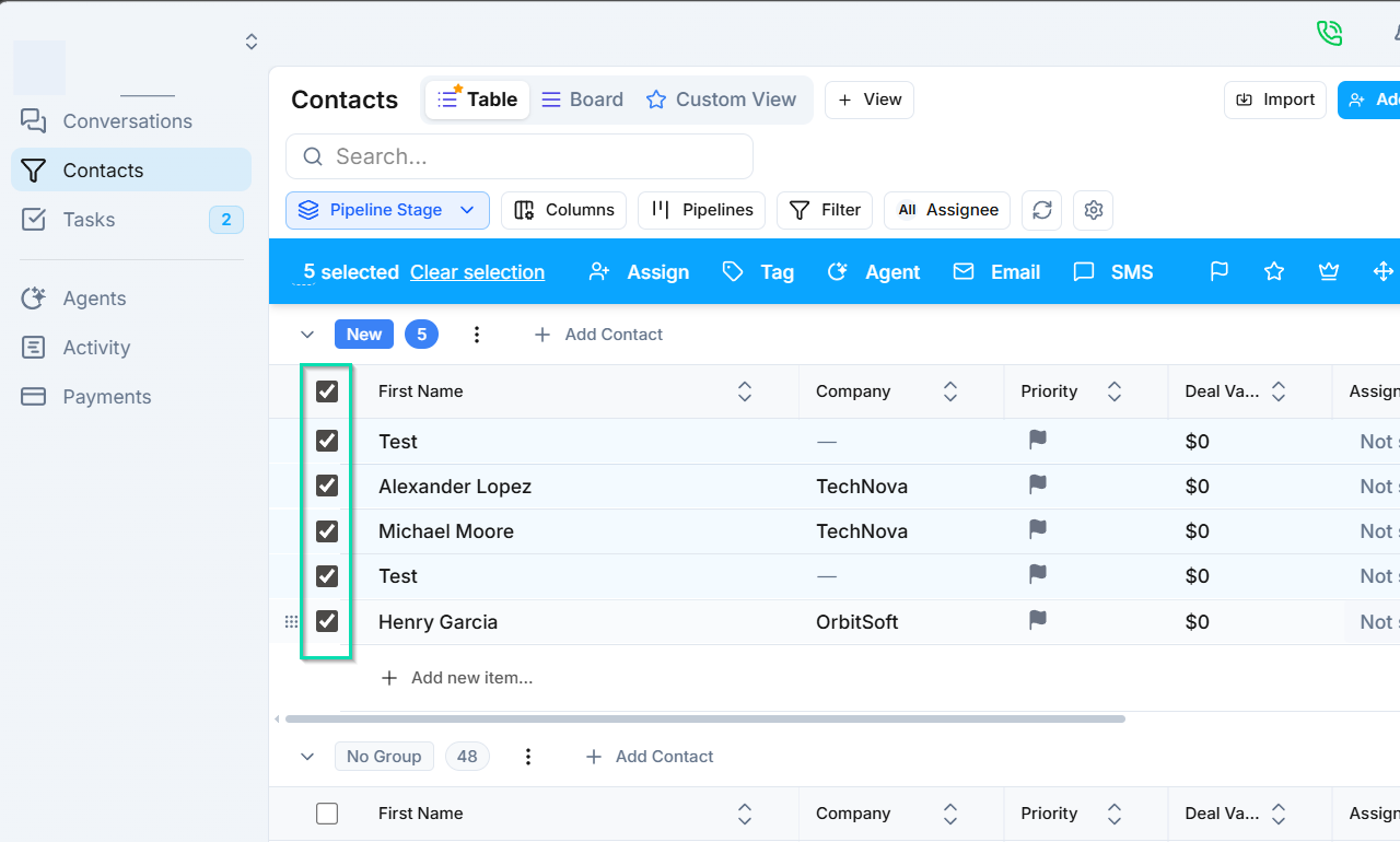 Table view — use the checkboxes